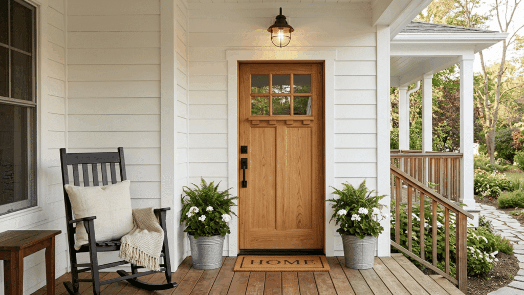farmhouse front porch with wooden door rocking chair potted plants and welcome mat with white siding and garden path