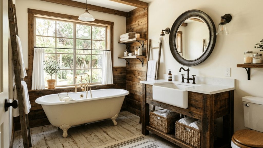 farmhouse style bathroom design with clawfoot tub wood vanity