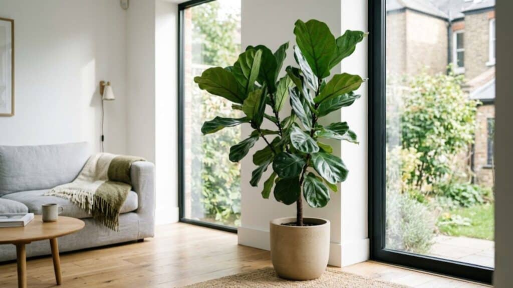 fiddle leaf fig with large glossy leaves in bright room adding bold modern indoor plant look