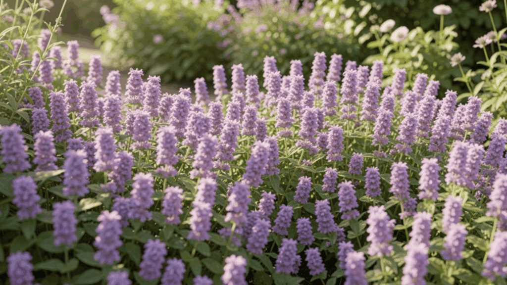 field of purple flowering spikes growing densely with green leaves in soft sunlight