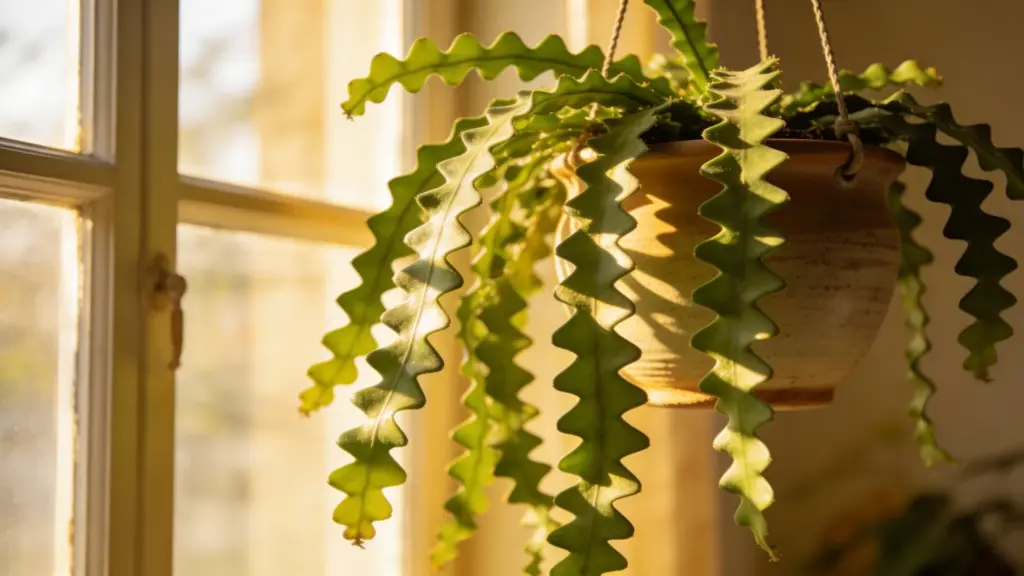 fishbone cactus with zigzag green stems cascading from a hanging pot near a sunny window, glowing in warm natural light