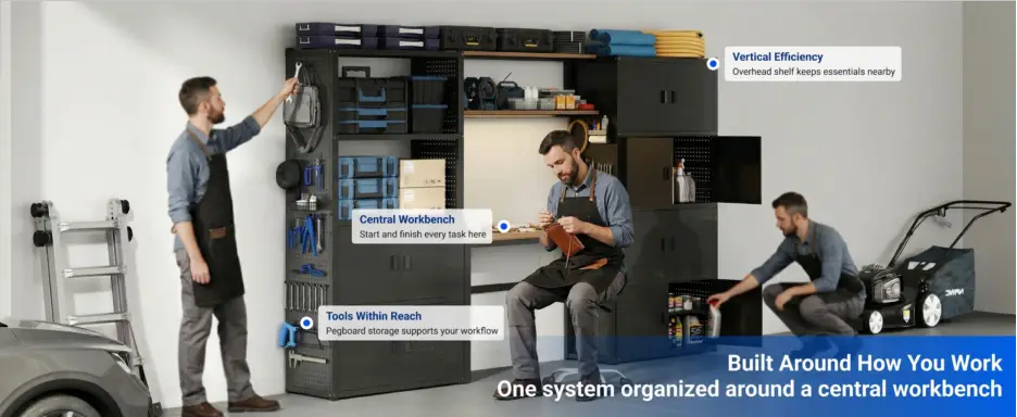 Man organizing tools in a garage workshop with storage cabinets and a lawnmower nearby