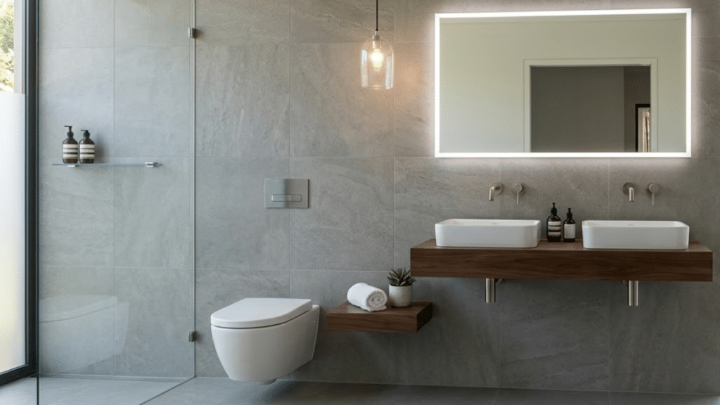 floating fixtures bathroom with wall mounted sink and tub creating airy space and modern minimal design