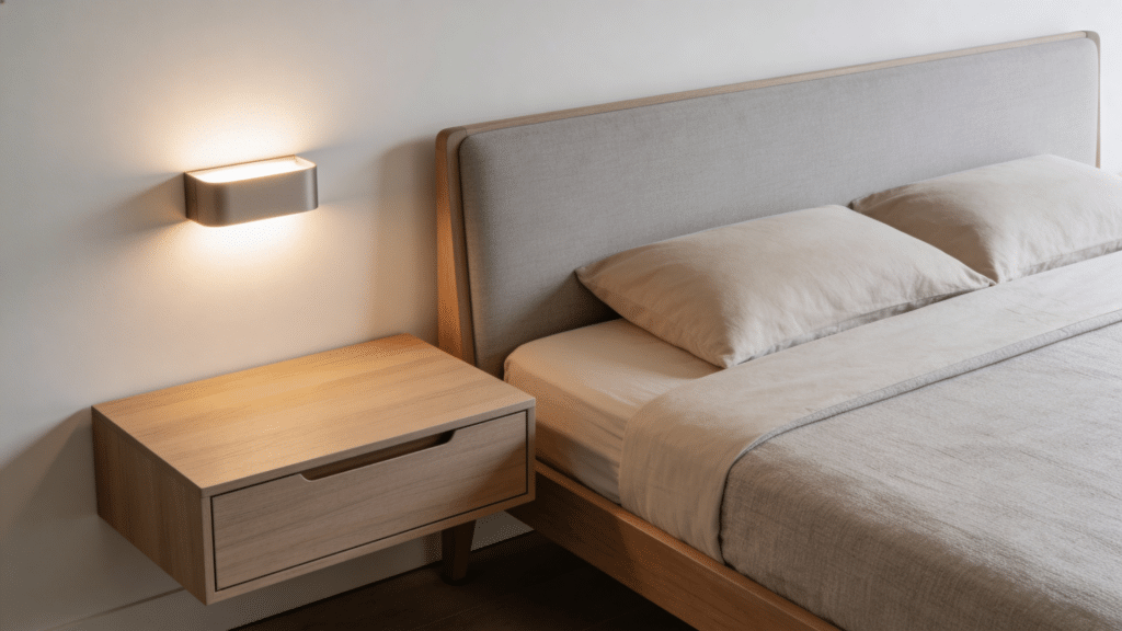 floating wooden nightstand with drawer beside modern bed