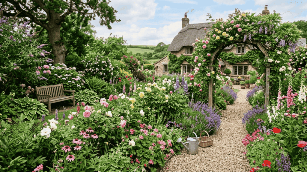 flowers that dont attract bees in a colorful cottage garden with path arch and mixed blooms