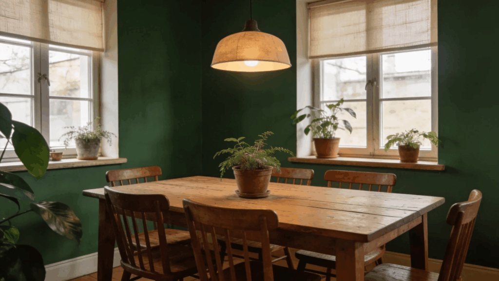 forest green dining room with wooden furniture plants and warm light creating a cozy natural environment