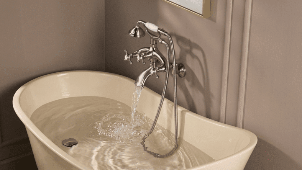 What Is the Ideal Tub Spout Height? freestanding bathtub with wall mounted faucet and shower hose filling tub with water in a modern bathroom setting