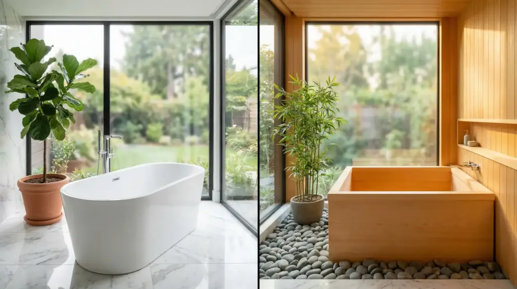 Freestanding Tub vs. Japanese Soaking Tub: What Works for Your Bathroom Contemporary bathroom with freestanding bathtub and wood-paneled tub, featuring large windows and indoor plants