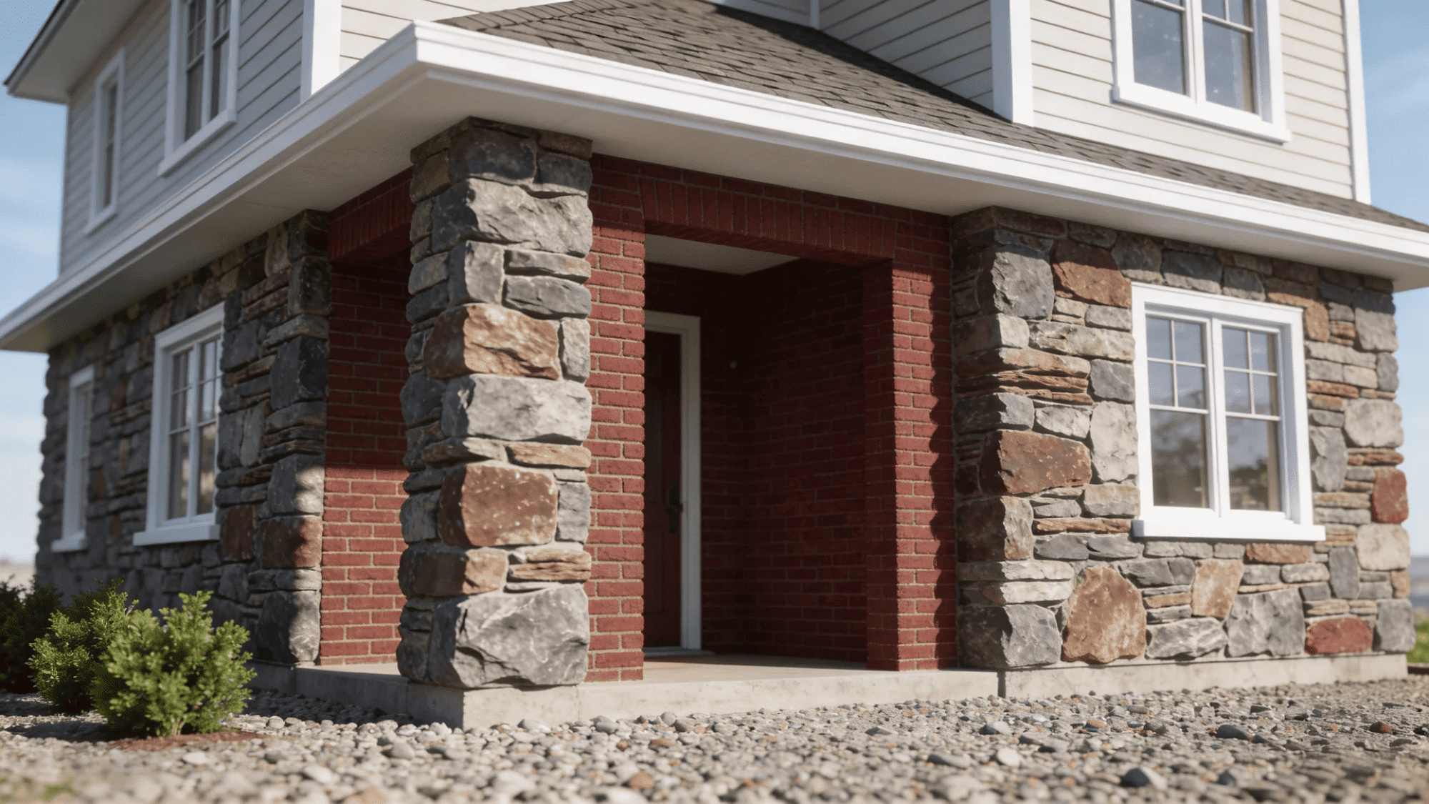 front porch of house with stone columns red brick walls and gravel ground in sunlight