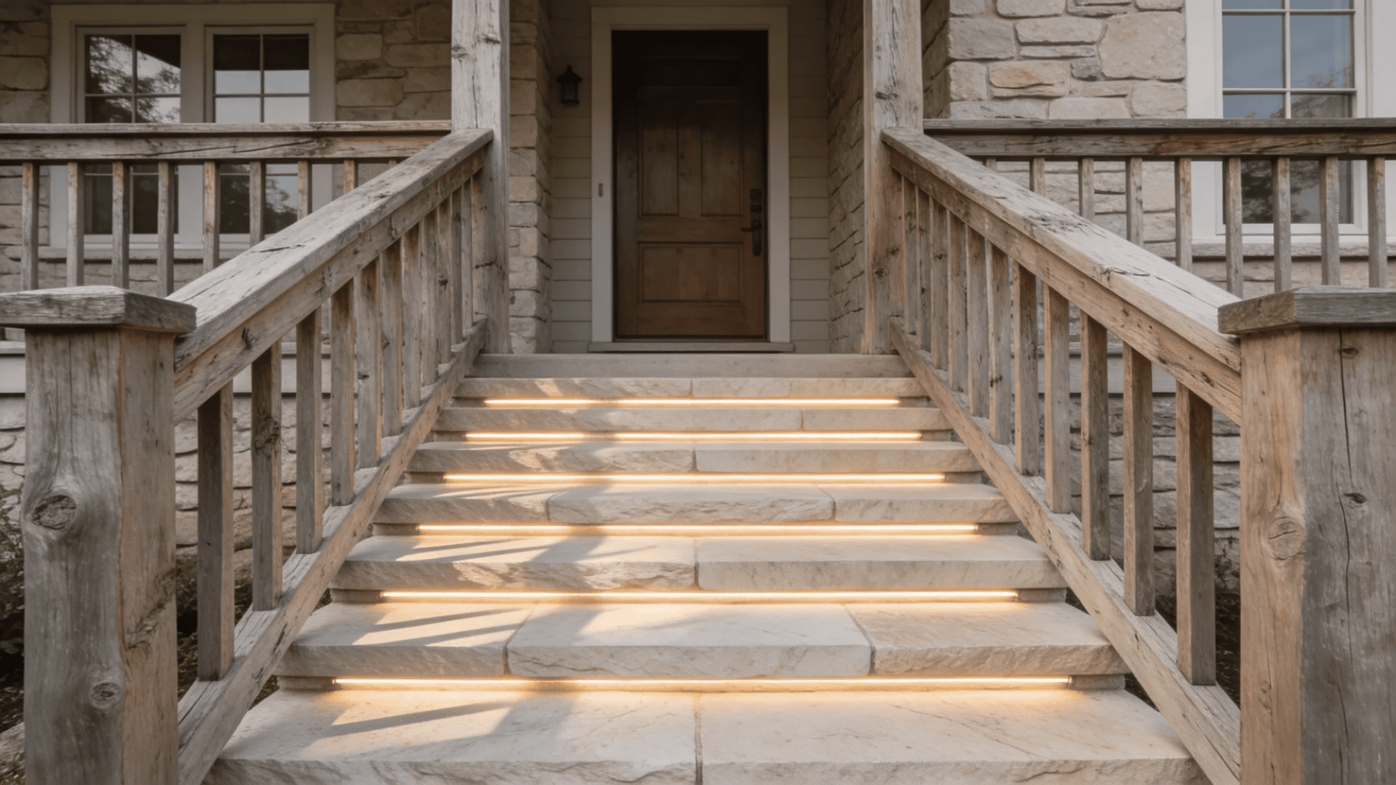 front steps with wooden railings and built in lighting leading up to house entrance