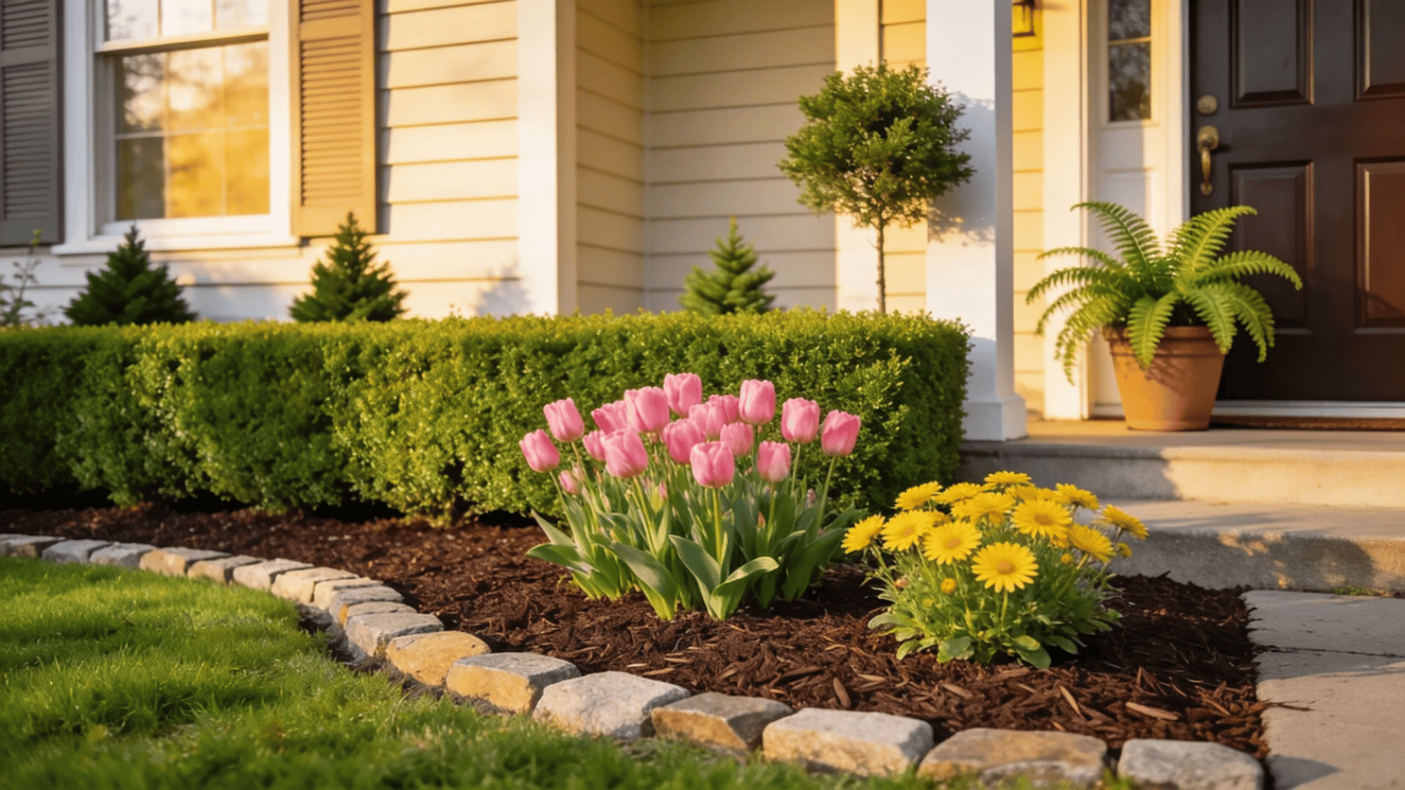 front yard garden with pink tulips yellow flowers and trimmed bushes near house entrance