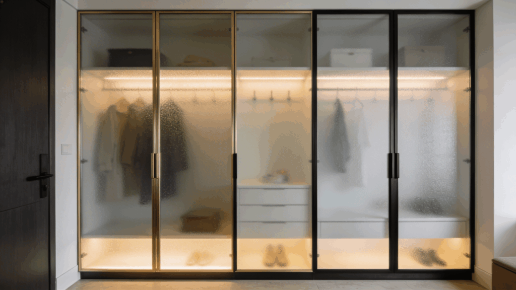 frosted glass closet doors with soft lighting and hanging clothes creating modern organized storage area