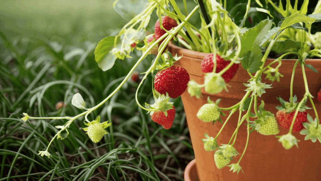 fruit container garden with strawberry plants growing in a pot with ripe and unripe berries