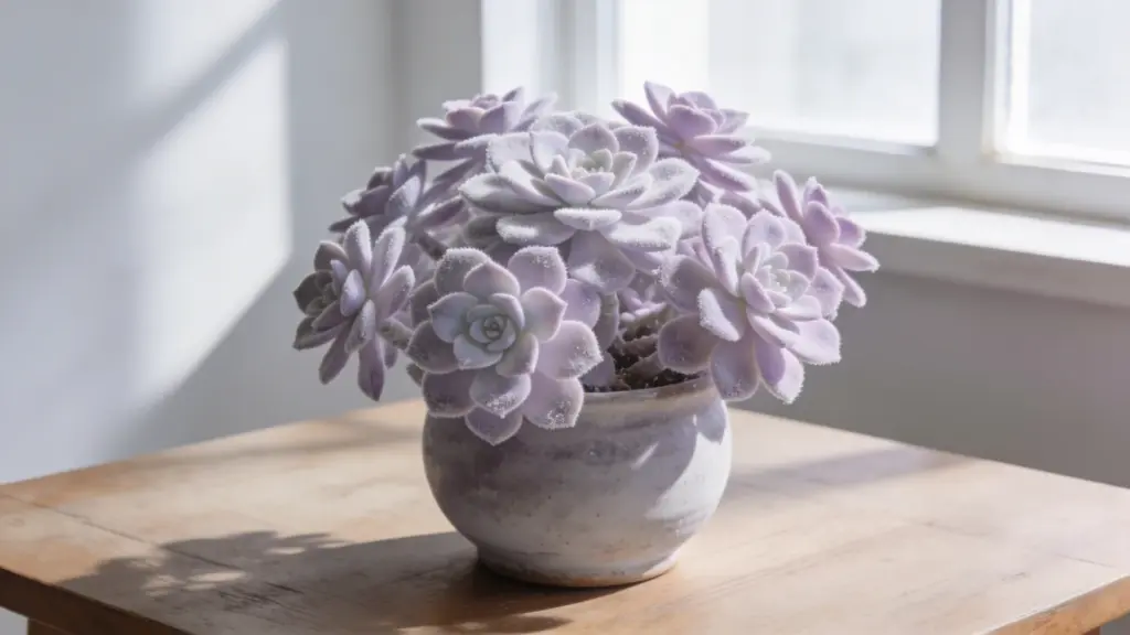 ghost plant succulent with pale lavender rosettes in a ceramic pot on a sunlit wooden table near a window