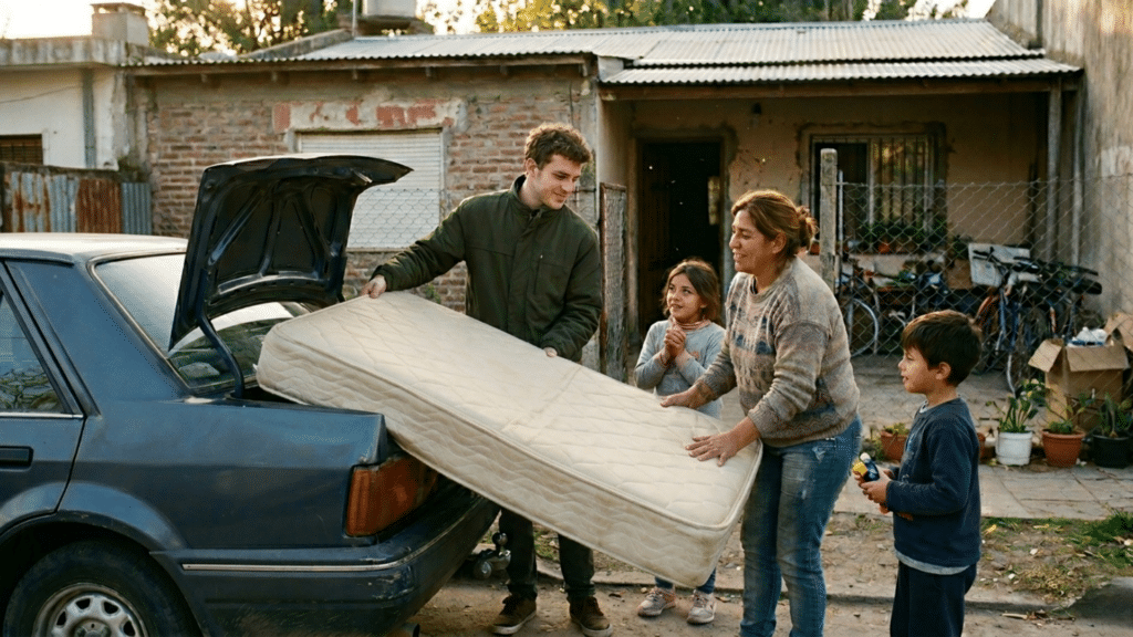 giving an old mattress to a needy family outside a small home
