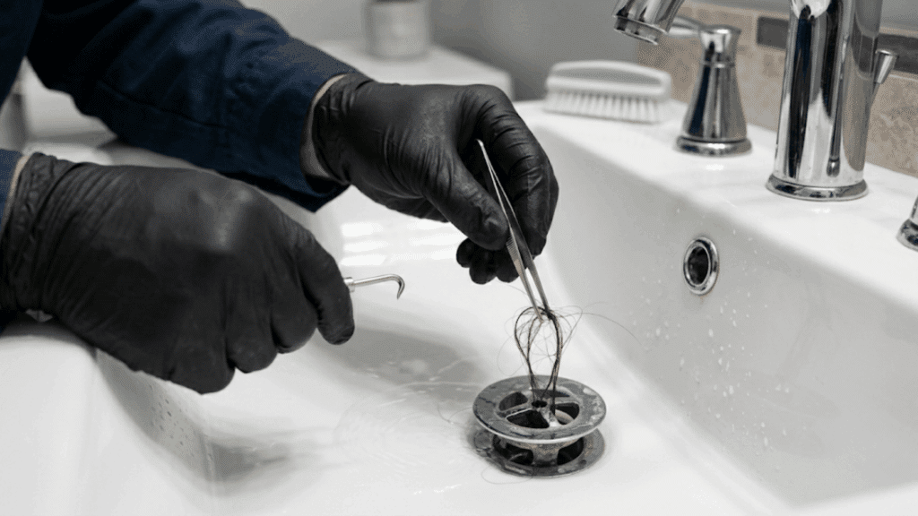 gloved hands removing hair clog from bathtub drain using tools showing how to unclog a bathtub drain