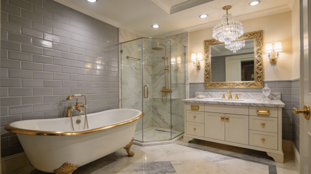 gold accent glam bathroom design with chandelier marble vanity glass shower