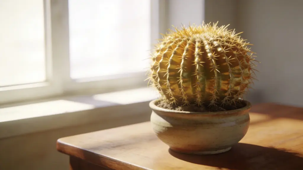 golden barrel cactus in a ceramic pot on a wooden table near a sunny window, with round ribbed shape and golden spines
