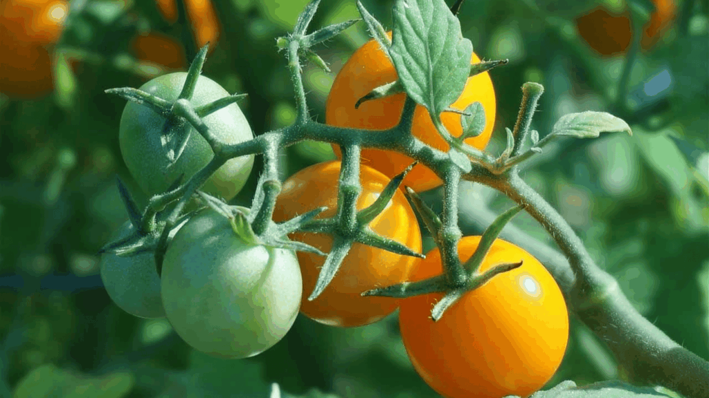 golden boy tomatoes on vine with yellow and green fruits in garden