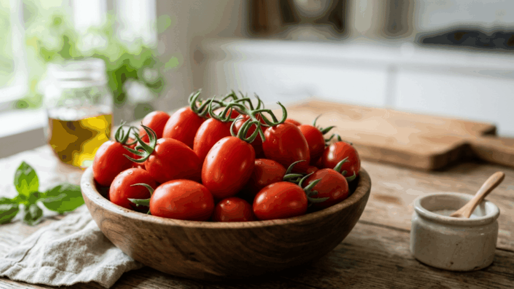 grape tomatoes in a bowl on a table ready to eat