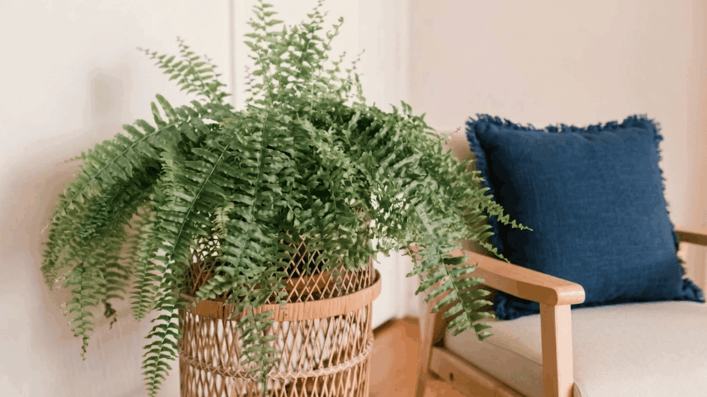 green fern plant in woven basket placed beside wooden chair with blue cushion in bright indoor living space