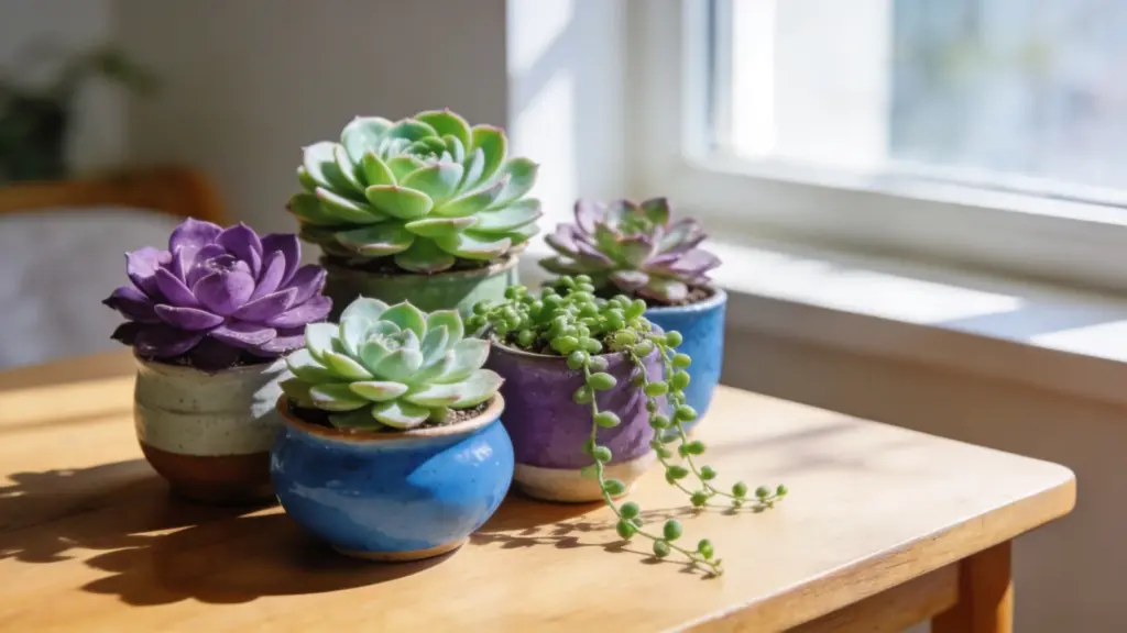 group of different types of succulents arranged in small colorful pots on a wooden table near a bright window, featuring rosette and trailing varieties in green and purple tones