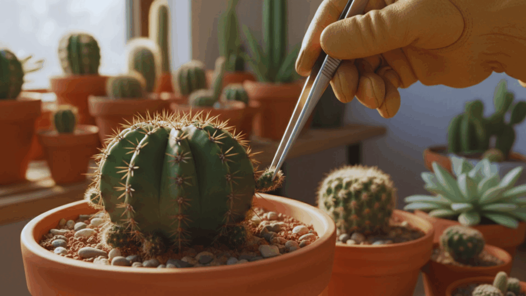 hand removing cactus pup with tweezers in pot with soil and small stones