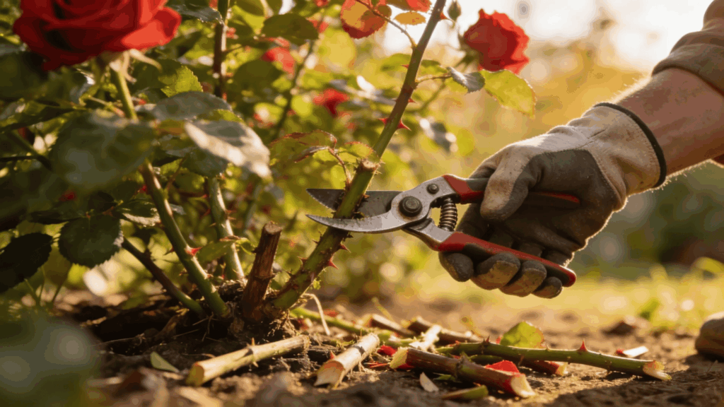 hand using pruning shears to cut rose stem in garden with sunlight and trimmed branches on soil how to trim rose bushes