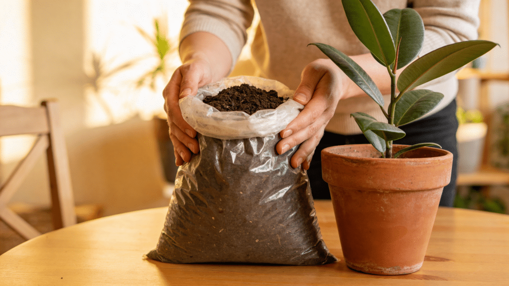 hands holding potting soil bag beside potted plant