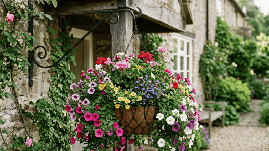 hanging basket flowers with colorful blooms outside a cottage garden entrance