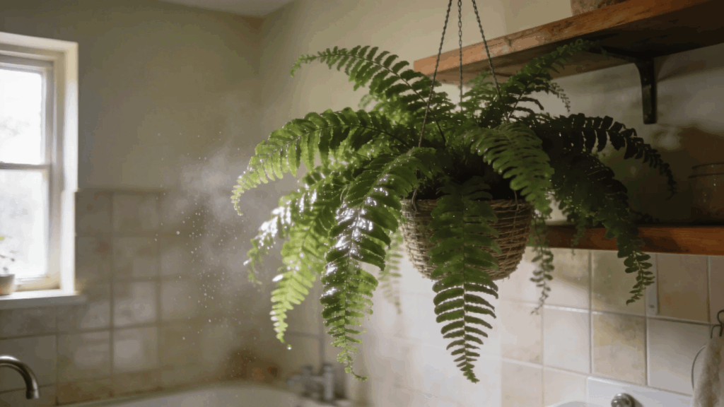 hanging fern plant with fresh green leaves in bathroom lit by soft daylight from window