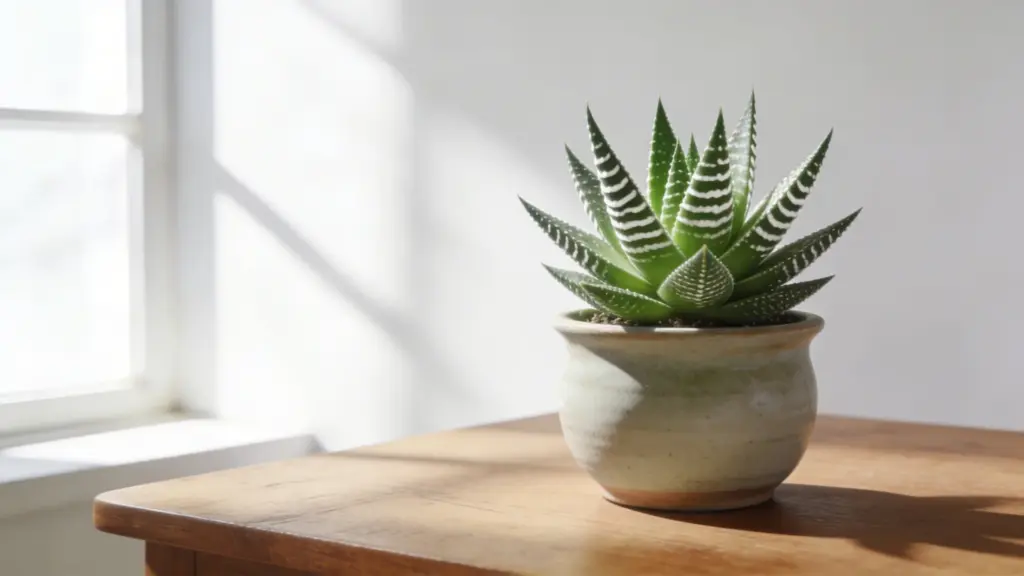 haworthia succulent with green pointed leaves and white stripes in a ceramic pot on a wooden table near a bright window with sunlight