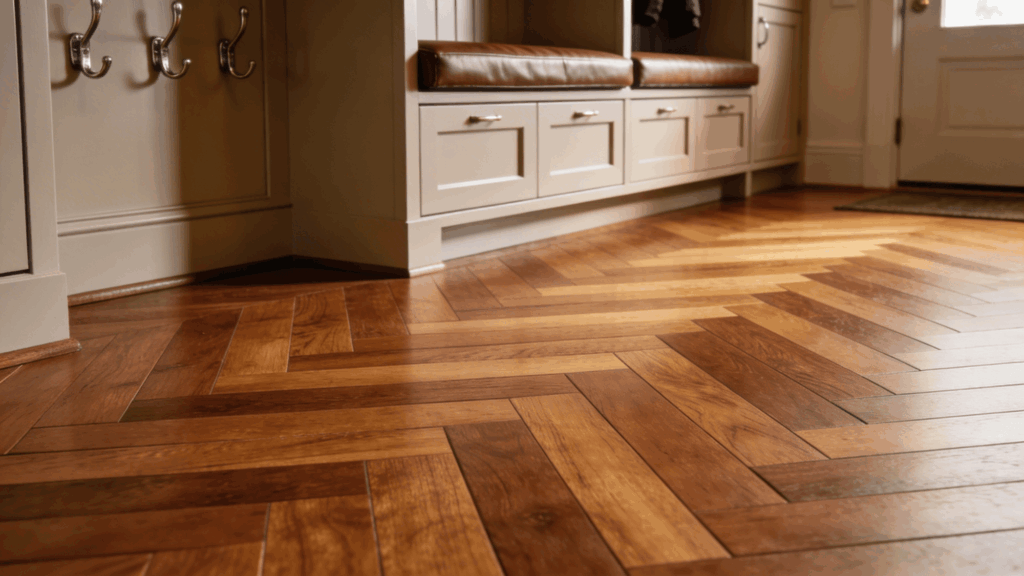 herringbone wood floor with built in bench drawers and hooks creating warm functional entryway space