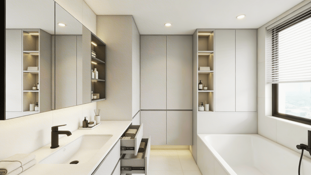 hidden storage clean bathroom with sleek cabinets drawers and integrated shelves