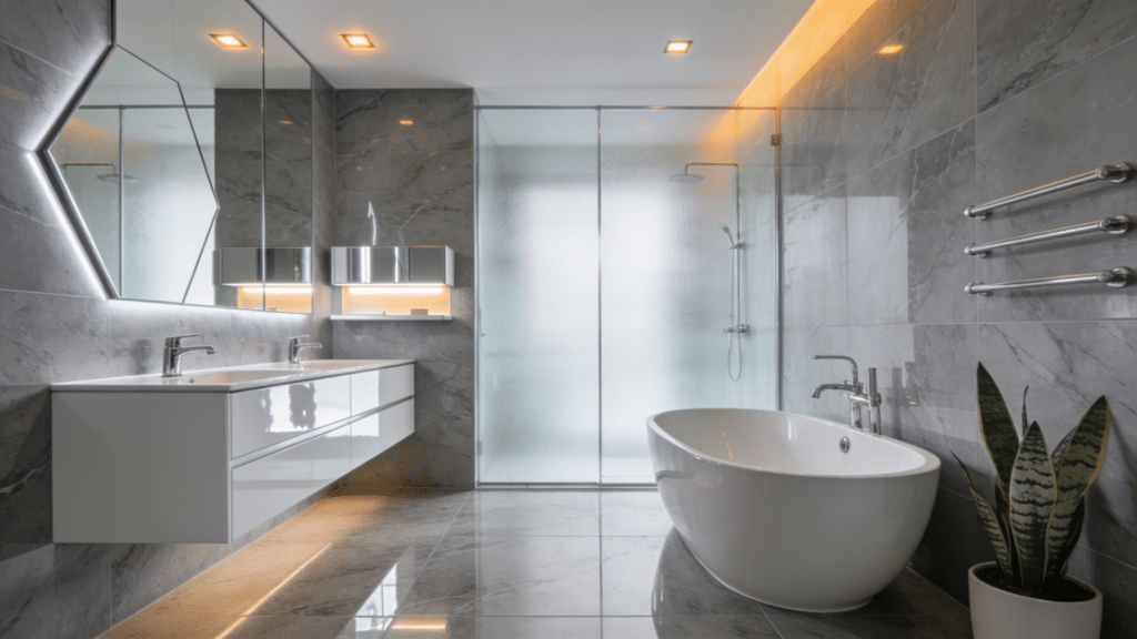 high gloss modern bathroom design with marble walls glass shower and sleek design