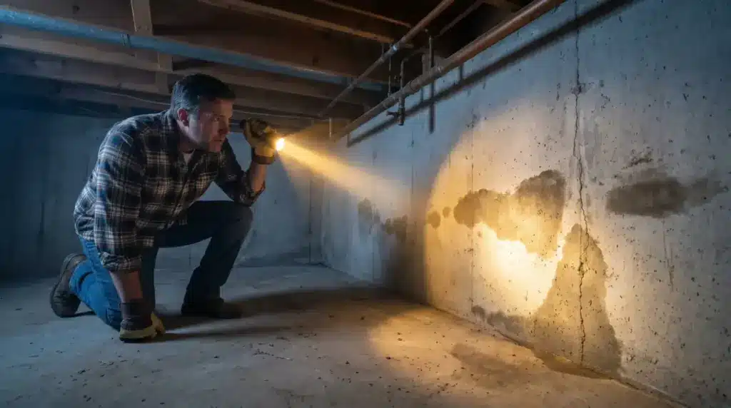 Man inspecting concrete basement wall with flashlight, showing water stains and cracks