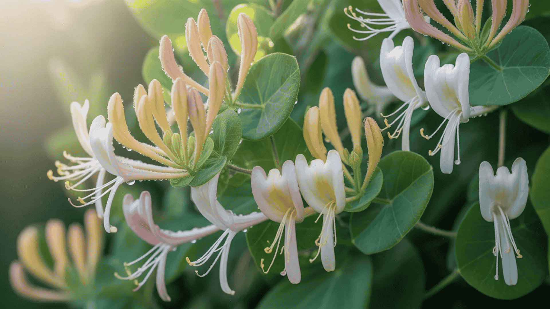 honeysuckle flowers that smell good with a sweet nectar fragrance blooming on a vine
