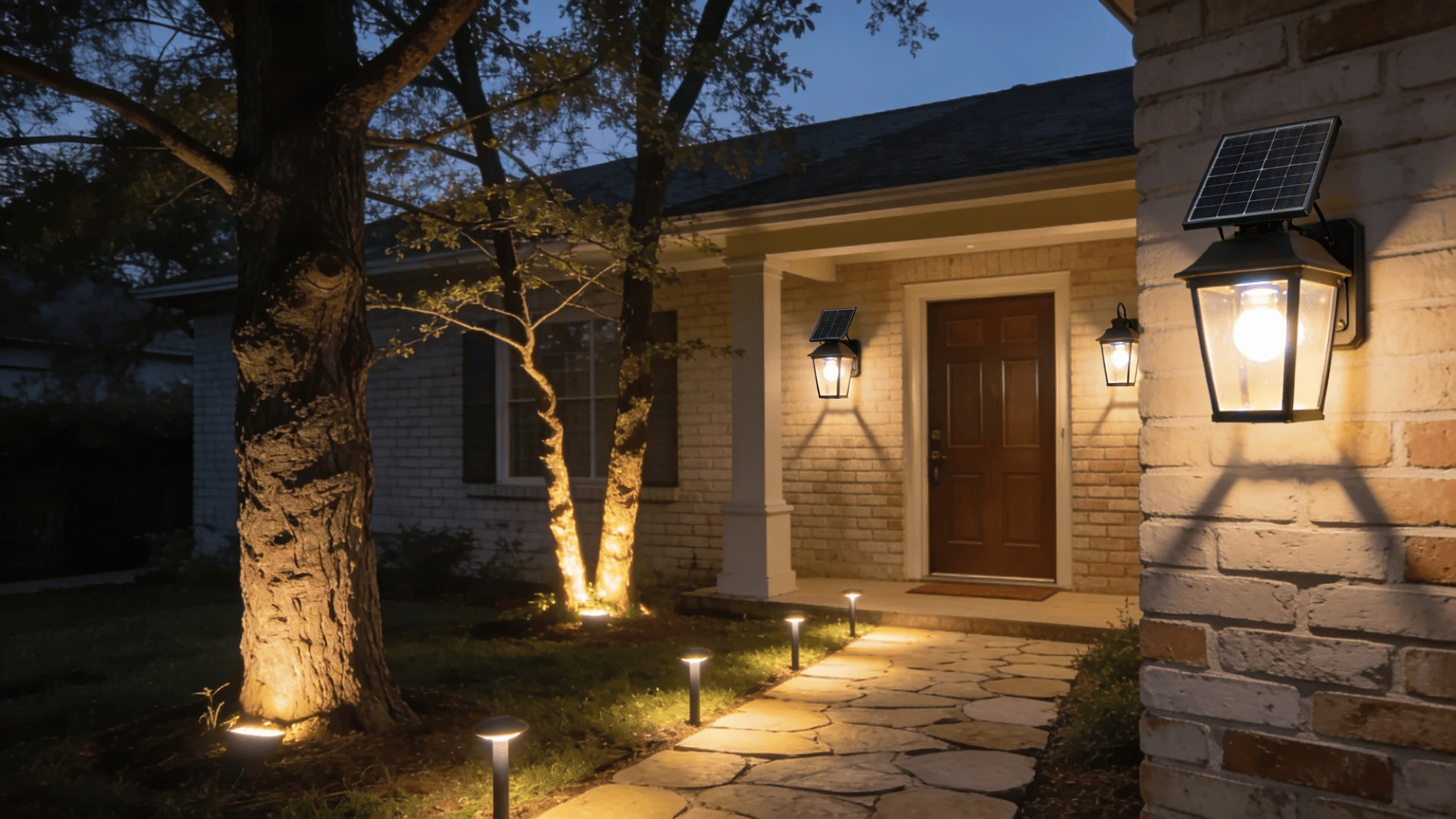 house exterior at night with solar lights illuminating path trees and front door