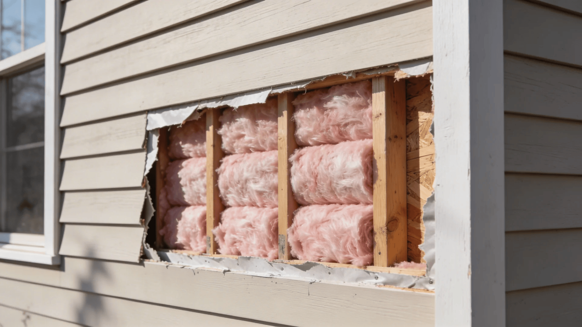 house siding removed showing pink insulation and wooden studs exposed in exterior wall