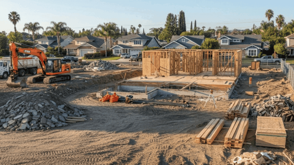 house under construction with wooden framing foundation work and heavy equipment on a suburban building site