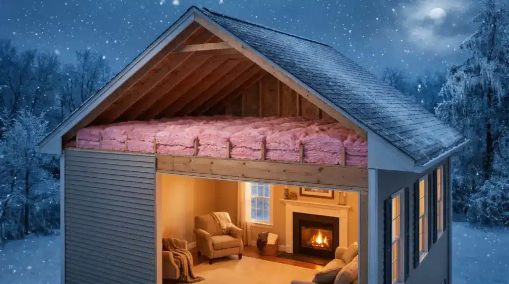 Cross-section of a house showing pink insulation in attic against snowy nighttime setting