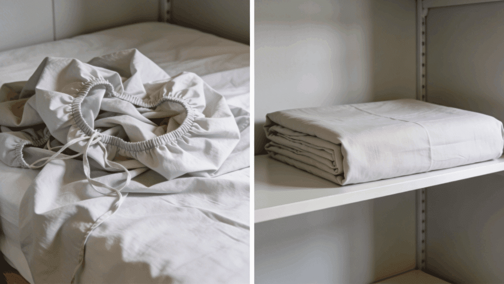 How to Fold Fitted Sheets Without the Mess: Beginner Guide how to fold fitted sheets showing before and after with loose sheet and neatly folded stack on shelf