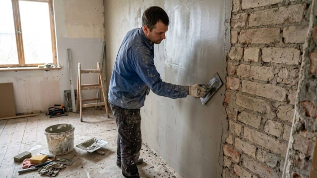 how to plaster a wall showing person applying plaster with trowel on wall in realistic home improvement scene