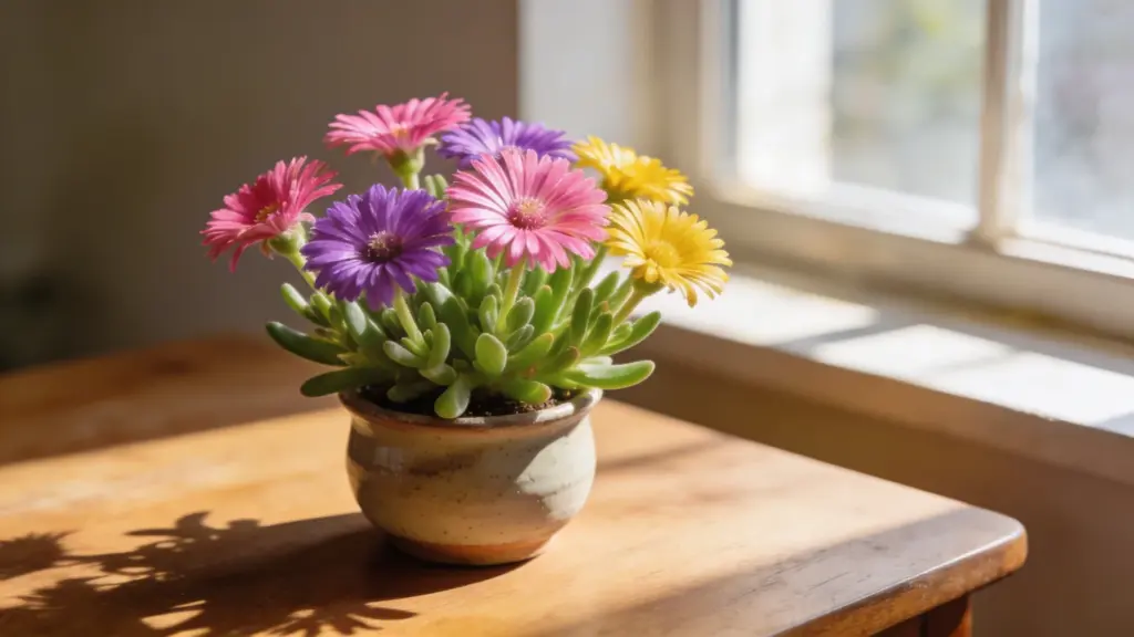 ice plant with colorful daisy-like flowers in pink, purple, and yellow in a small pot on a wooden table by a sunny window