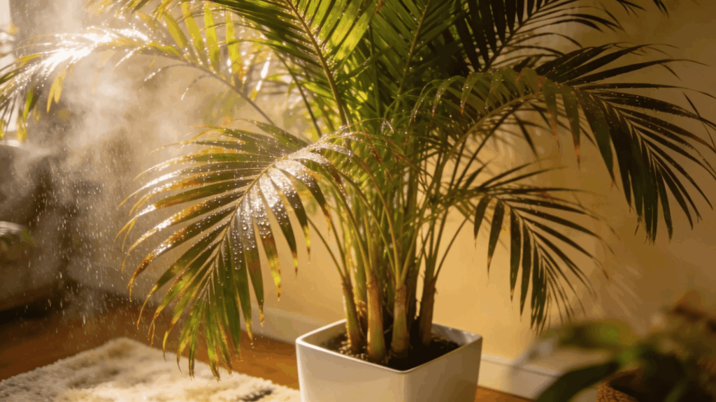 indoor palm plant with water mist on leaves glowing in warm sunlight near window