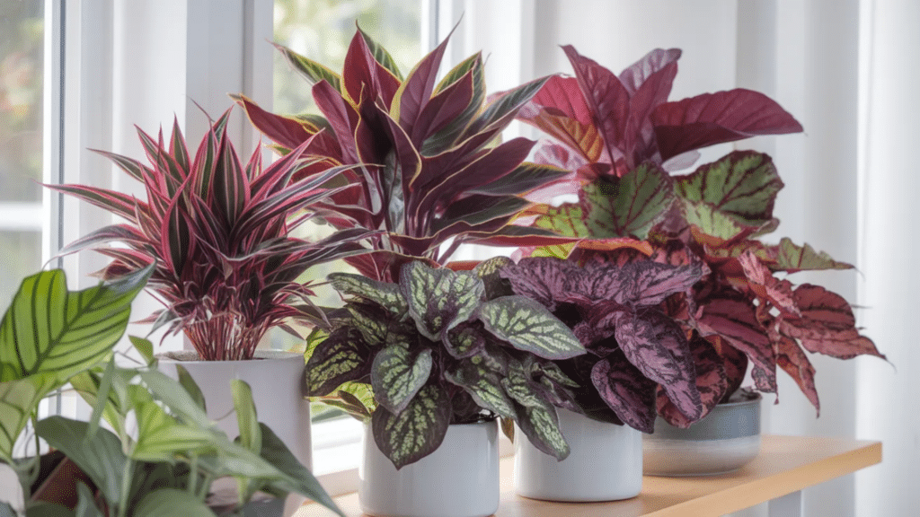 indoor plant with purple and green leaves in small pots placed on shelf near window