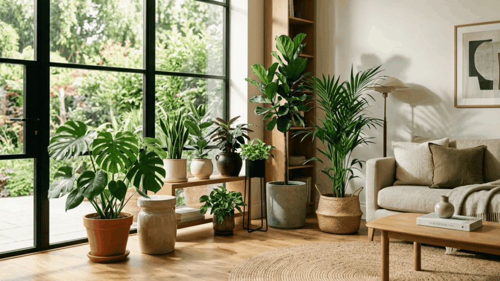 indoor tropical plants arranged in modern living room with natural light lush green leaves clean home setup