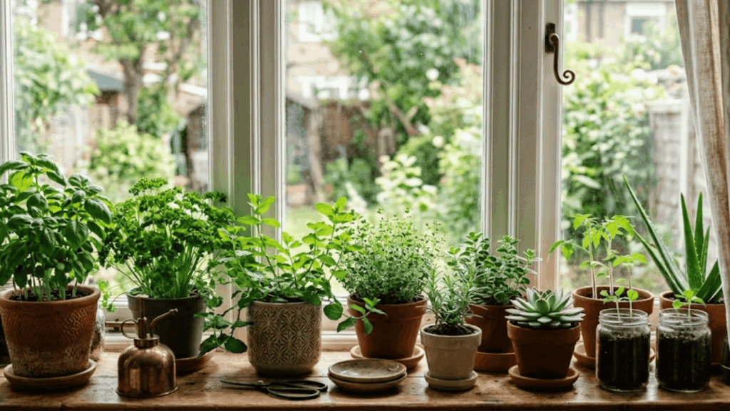 indoor windowsill garden with small potted herbs and plants placed along a sunny window