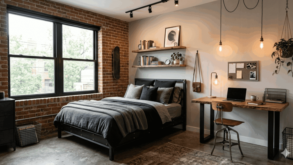 industrial bedroom with metal bed brick wall and wooden desk setup