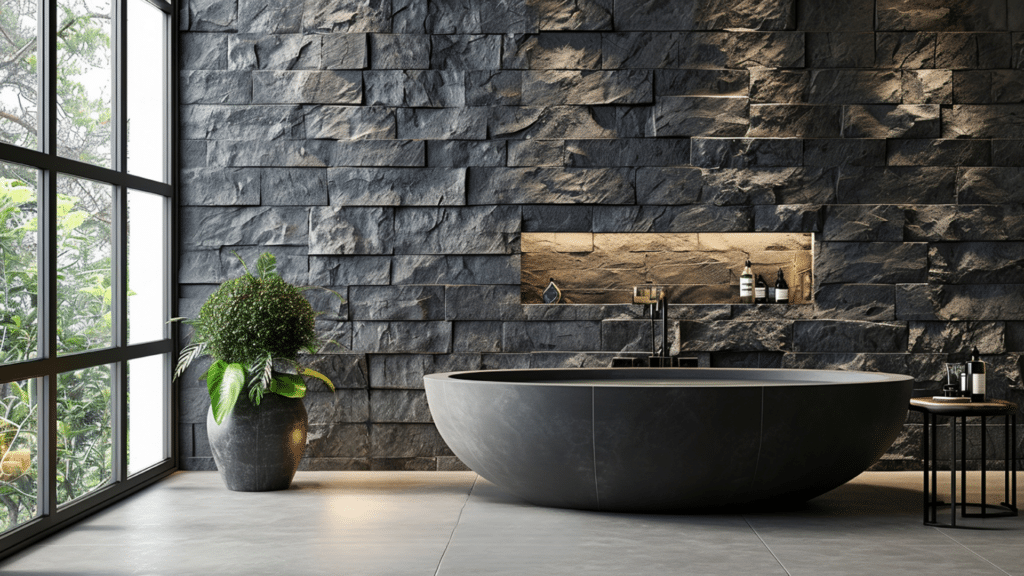 industrial concrete bathroom design with textured walls freestanding tub and modern accents